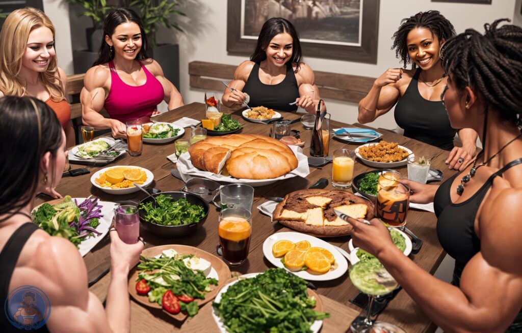 A group of Amazons dining out at The Olympian's Feast. These muscular women will be well fed with plenty of muscle-building protein. (Fantasy Photo / Staff)