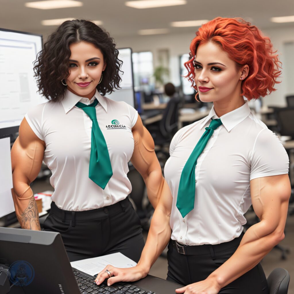 ExpediteXpress CEO Danielle Cathriyle (left) and her executive assistant work in office shirts that show off their muscular arms as symbols of power, toughness and security. (Fantasy Photo / Staff)